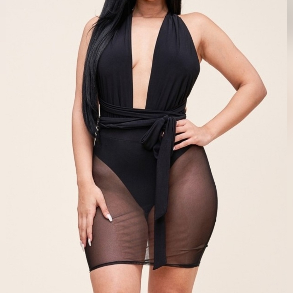 Miss California Dress Black Halter, Wrap Mesh Mini Women's